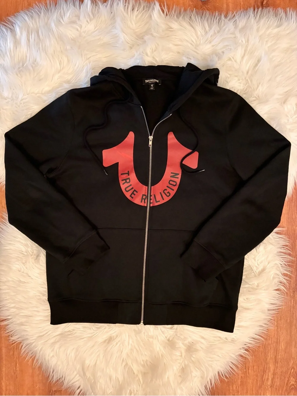 True Religion Mens Big Horseshoe TR Black Red Zip Hoodie Large 107182 *Flaw